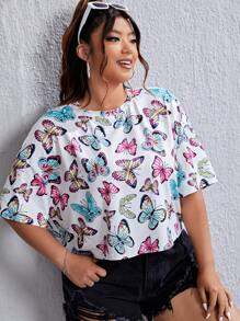 SHEIN Qutie Áo thun Plus size Loại bướm Tất cả trên in Giải trí - Nhiều màu - Xem 6