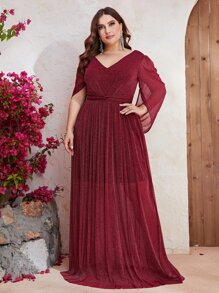 YISIKADO Plus Cloak Sleeve Glitter Formal Dress - Burgundy - View 1