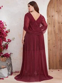 YISIKADO Plus Cloak Sleeve Glitter Formal Dress - Burgundy - View 2