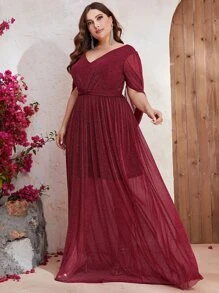 YISIKADO Plus Cloak Sleeve Glitter Formal Dress - Burgundy - View 5