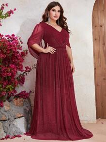 YISIKADO Plus Cloak Sleeve Glitter Formal Dress - Burgundy - View 6