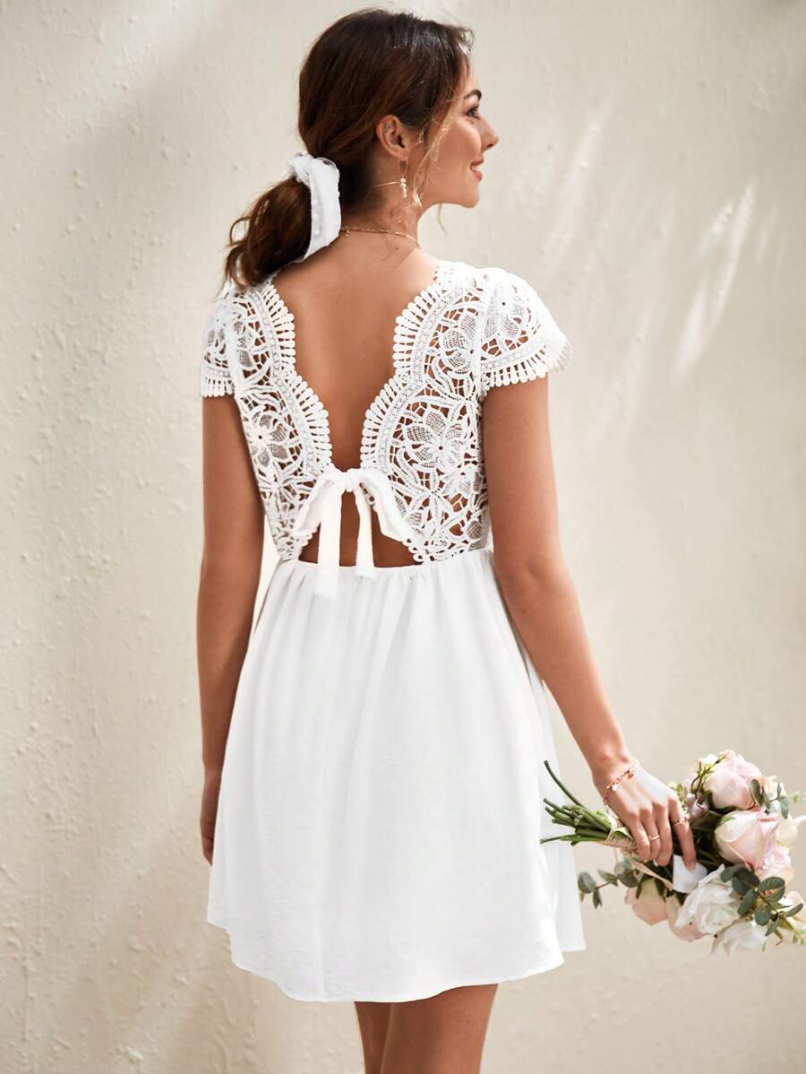SHEIN Frenchy Guipure Lace Insert Tie Backless Dress - White - View 1