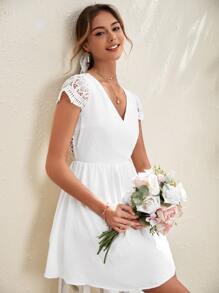 SHEIN Frenchy Guipure Lace Insert Tie Backless Dress - White - View 2