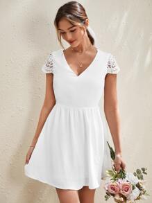 SHEIN Frenchy Guipure Lace Insert Tie Backless Dress - White - View 3