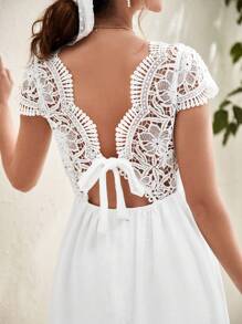 SHEIN Frenchy Guipure Lace Insert Tie Backless Dress - White - View 5