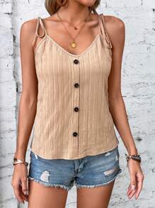 Breezaya 前紐扣肩部打結吊帶上衣 - 杏色 - 查看 5