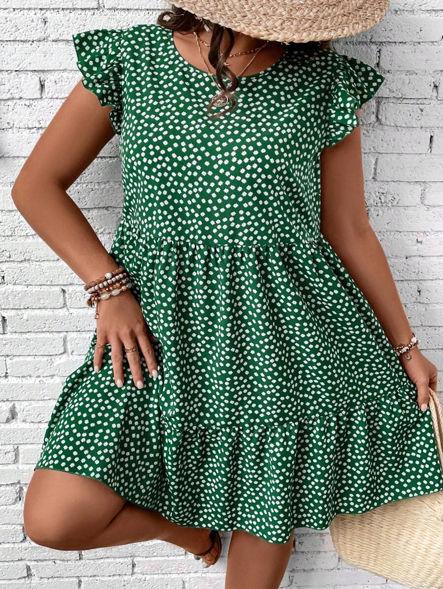 SHEIN VCAY Plus Size Boho Ditsy Floral Print Ruffle Hem Smock Summer Dress - Green - View 1