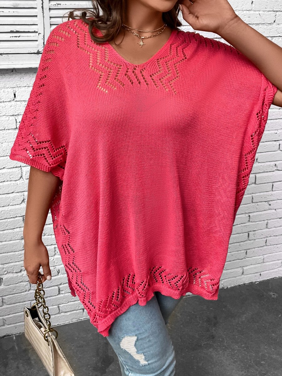 SHEIN Swim Curve Plus Hollow Out Batwing Sleeve Scallop Trim Pointelle Knit Cover Up - Red - View 1
