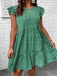 SHEIN VCAY Plus Size Boho Ditsy Floral Print Ruffle Hem Smock Summer Dress - Green - View 5
