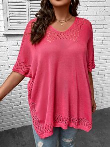 SHEIN Swim Curve Plus Hollow Out Batwing Sleeve Scallop Trim Pointelle Knit Cover Up - Red - View 3