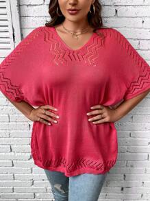 SHEIN Swim Curve Plus Hollow Out Batwing Sleeve Scallop Trim Pointelle Knit Cover Up - Red - View 4