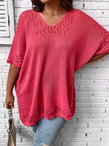 SHEIN Swim Curve Plus Hollow Out Batwing Sleeve Scallop Trim Pointelle Knit Cover Up - Red - View 5