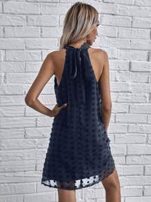 SHEIN Clasi Swiss Dot Halter Neck Dress - Navy Blue - View 2