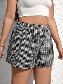SHEIN EZwear Plus Gingham Print Elastic Waist Shorts - Black and White - View 3
