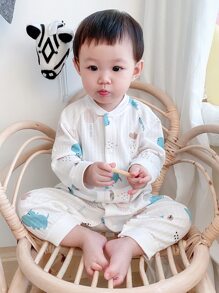 嬰兒河馬印花長袖開襟連身衣，全季空調布料 - 白色 - 查看 1