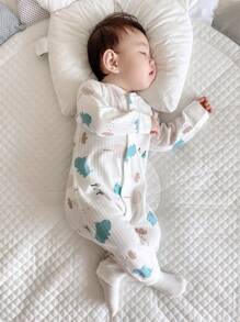 嬰兒河馬印花長袖開襟連身衣，全季空調布料 - 白色 - 查看 2