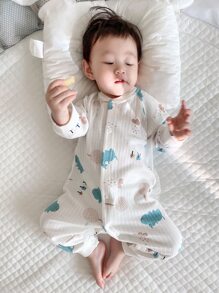 嬰兒河馬印花長袖開襟連身衣，全季空調布料 - 白色 - 查看 3