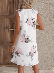 SHEIN LUNE Floral Print Guipure Lace Panel Notched Neckline Tunic Dress - Multicolor - View 2