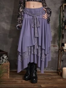 ROMWE Goth Contrast Lace Asymmetrical Hem Skirt - Purple - View 1