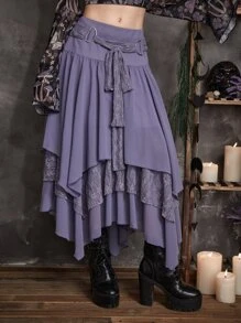 ROMWE Goth Contrast Lace Asymmetrical Hem Skirt - Purple - View 3