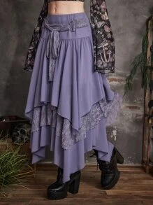ROMWE Goth Contrast Lace Asymmetrical Hem Skirt - Purple - View 4