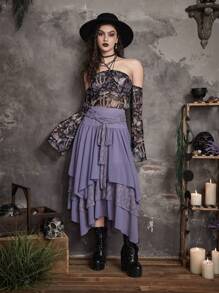 ROMWE Goth Contrast Lace Asymmetrical Hem Skirt - Purple - View 5