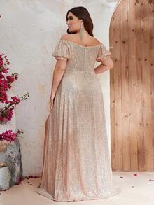 YISIKADO Plus Off Shoulder Split Thigh Sequin Formal Dress - Champagne - View 2