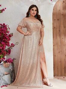 YISIKADO Plus Off Shoulder Split Thigh Sequin Formal Dress - Champagne - View 3
