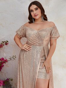 YISIKADO Plus Off Shoulder Split Thigh Sequin Formal Dress - Champagne - View 6