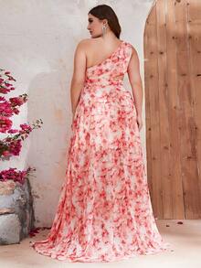 YISIKADO 大碼滿版印花單肩腰部鏤空雪紡連衣裙 - 彩色 - 查看 2