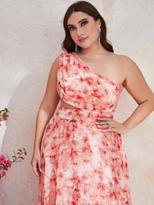 YISIKADO 大碼滿版印花單肩腰部鏤空雪紡連衣裙 - 彩色 - 查看 3