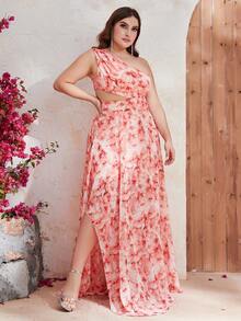 YISIKADO 大碼滿版印花單肩腰部鏤空雪紡連衣裙 - 彩色 - 查看 5