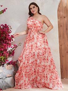 YISIKADO 大碼滿版印花單肩腰部鏤空雪紡連衣裙 - 彩色 - 查看 6