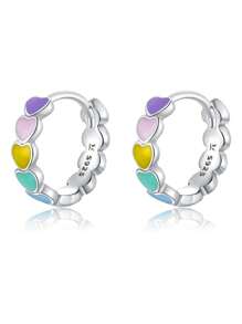 WOSTU 1pair 925 Sterling Silver Rainbow Series Heart to Heart Ring & Earrings Jewelry Set for Women Fine Jewelry Gift - Silver - View 1