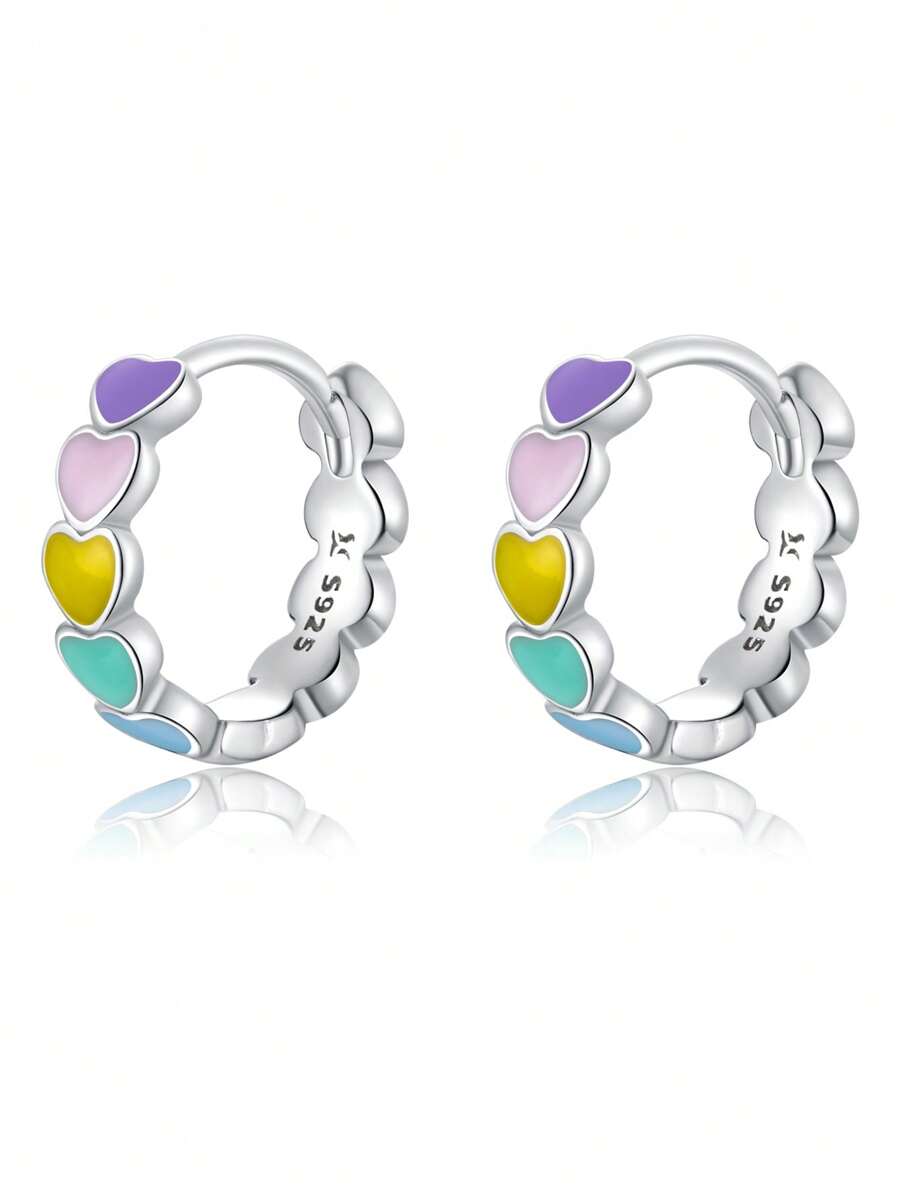 WOSTU 1pair 925 Sterling Silver Rainbow Series Heart to Heart Ring & Earrings Jewelry Set for Women Fine Jewelry Gift - Silver - View 1