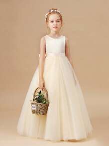 少女串珠 3D 蝴蝶结优雅公主派对礼服，香槟色，适合女孩生日派对、舞会、宴会、婚礼花童、伴娘 - 香檳色 - 查看 3