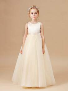 少女串珠 3D 蝴蝶结优雅公主派对礼服，香槟色，适合女孩生日派对、舞会、宴会、婚礼花童、伴娘 - 香檳色 - 查看 6