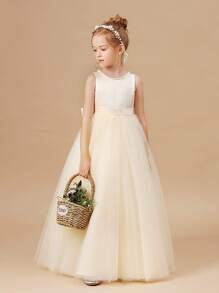 少女串珠 3D 蝴蝶结优雅公主派对礼服，香槟色，适合女孩生日派对、舞会、宴会、婚礼花童、伴娘 - 香檳色 - 查看 7