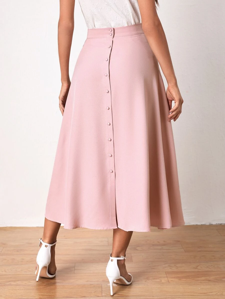 SHEIN Frenchy Button Back Solid Skirt - Baby Pink - View 1