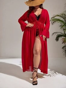 SHEIN Swim Curve Kimono con nudo delantero de manga con volante de gasa - Burdeos - Ver 3