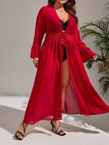 SHEIN Swim Curve Kimono con nudo delantero de manga con volante de gasa - Burdeos - Ver 4