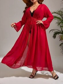 SHEIN Swim Curve Kimono con nudo delantero de manga con volante de gasa - Burdeos - Ver 6