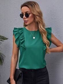 SHEIN Clasi 荷葉袖素色上衣 - 綠色 - 查看 1