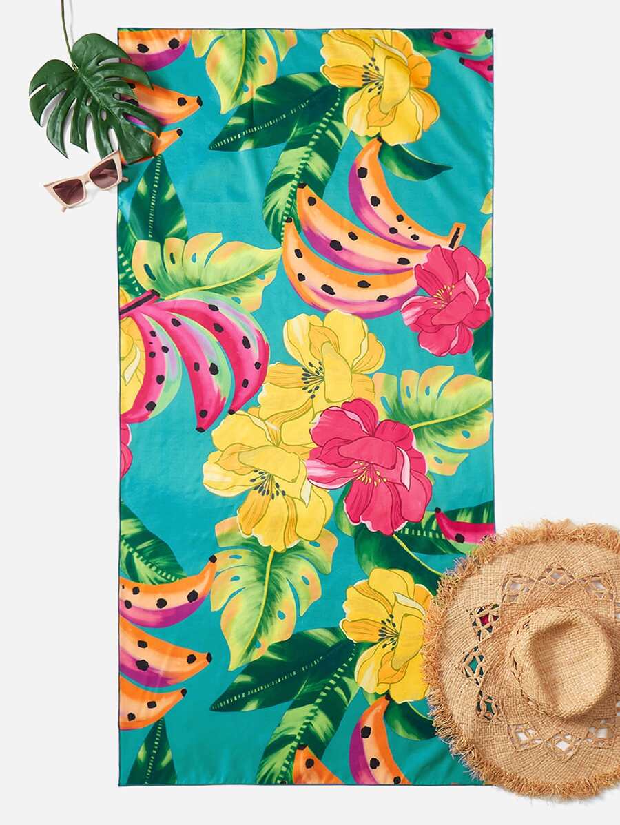 SHEIN Swim Summer Beach Tropical Print Beach Blanket - Multicolor - View 1