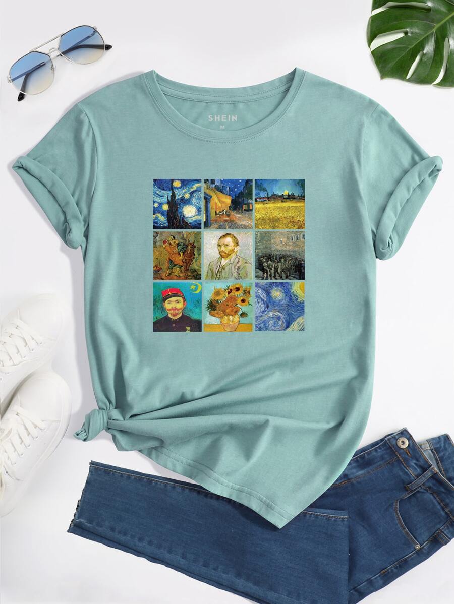 SHEIN EZwear Oil Painting Print Tee - Cadet Blue - View 1