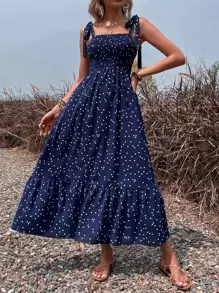 SHEIN VCAY 波點圖案肩上打結荷葉邊吊帶連衣裙 - 藏蓝色 - 查看 2