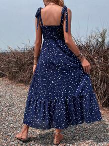 SHEIN VCAY 波點圖案肩上打結荷葉邊吊帶連衣裙 - 藏蓝色 - 查看 3