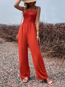 SHEIN VCAY Áo liền quần nữ Lộ Lưng Túi Dải chun màu trơn Boho - trái cam - Xem 2