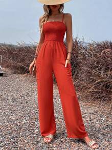 SHEIN VCAY Áo liền quần nữ Lộ Lưng Túi Dải chun màu trơn Boho - trái cam - Xem 4