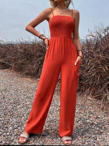 SHEIN VCAY Áo liền quần nữ Lộ Lưng Túi Dải chun màu trơn Boho - trái cam - Xem 5